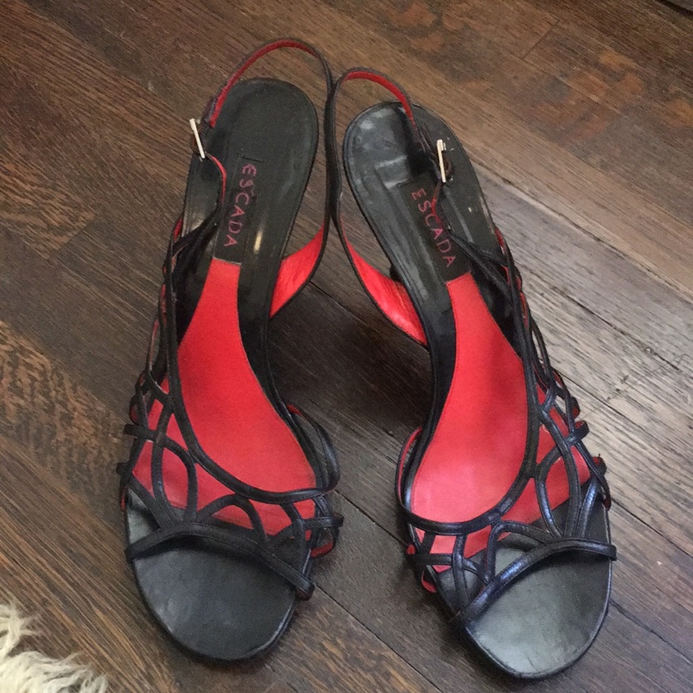 Escada black leather peep toe heels!
